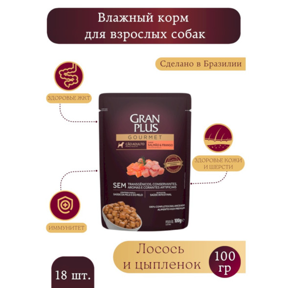 Granplus Gourmet Dog паучи для взрослых собак всех пород, с лососем и цыпленком - 100 г x 18 шт