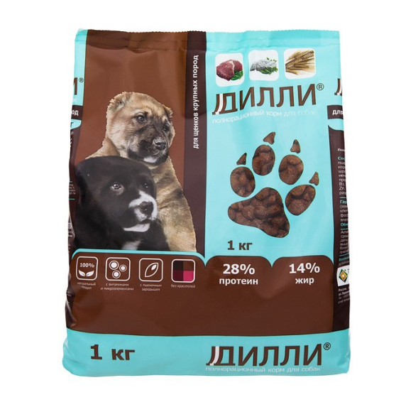 Дилли сухой корм для щенков крупных пород с курицей и индейкой - 1 кг