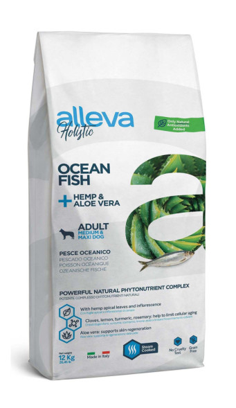 Alleva Holistic Puppy/Junior Ocean Fish Medium сухой корм для щенков средних пород с океанической рыбой, коноплей и алое вера 12 кг