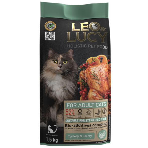LEO&amp;amp;LUCY cухой холистик корм для взрослых и пожилых стерилизованных кошек с индейкой и ягодами, 1,5 кг