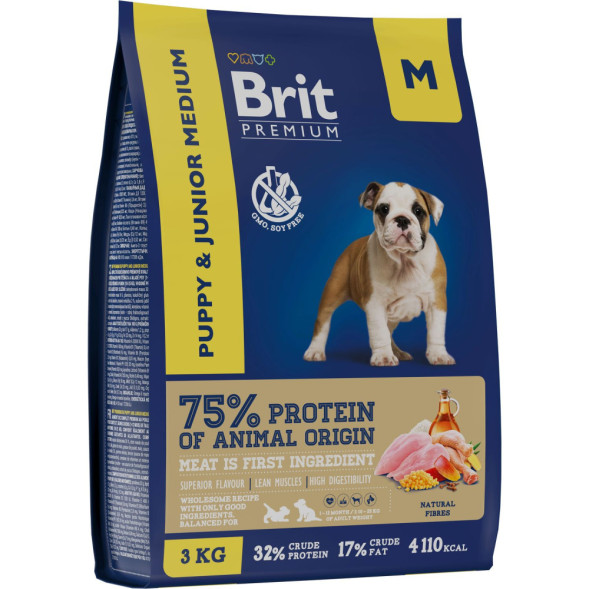 Brit Premium Dog Puppy and Junior Medium сухой корм для щенков и молодых собак средних пород с курицей - 3 кг