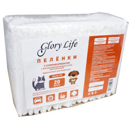 Glory Life пеленки c суперабсорбентом и липким фиксирующим слоем одноразовые для собак и кошек, белые, 20 шт, 60x60 см