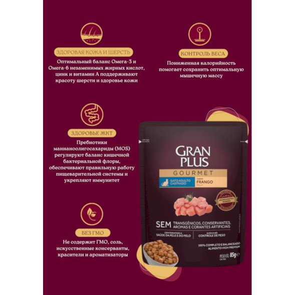 Granplus Gourmet Cat Sterilised паучи для взрослых стерилизованных и кастрированных котов и кошек с курицей - 85 г x 18 шт
