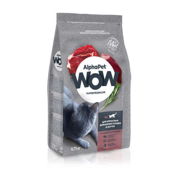 AlphaPet WOW Superpremium сухой полнорационный корм для взрослых домашних кошек и котов c говядиной и печенью - 750 г