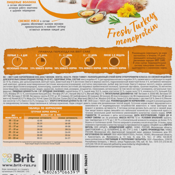 Brit Care Dog Adult M Dental Health сухой корм для взрослых собак средних пород для здоровья полости рта, с индейкой - 12 кг