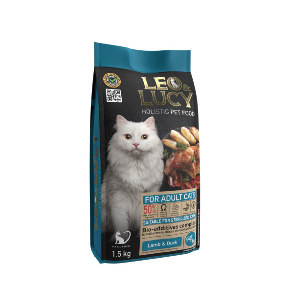 LEO&amp;amp;LUCY cухой холистик корм для взрослых стерилизованных кошек с ягненком и уткой  - 1,5 кг