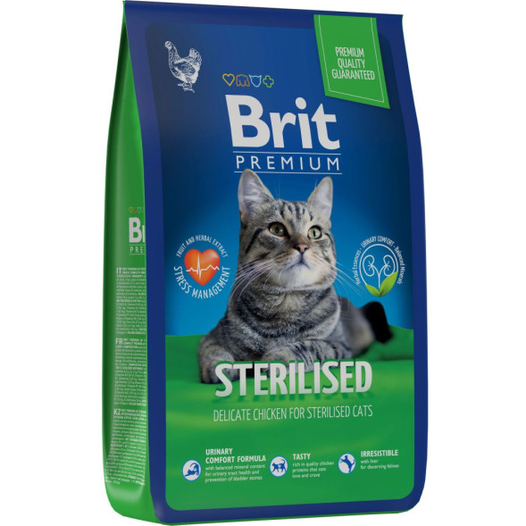 Brit Premium Cat Sterilised сухой корм для взрослых стерилизованных кошек с курицей - 8 кг