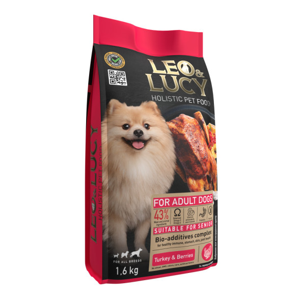 LEO&amp;amp;LUCY сухой холистик корм для взрослых и пожилых собак всех пород с индейкой и ягодами - 1,6 кг