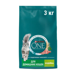 Сухой корм Purina ONE для взрослых кошек при домашнем образе жизни с индейкой и цельными злаками, 3 кг