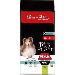 Сухой корм Pro Plan® для взрослых собак средних пород с чувствительным пищеварением, с ягненком, 12 кг + 2 кг в подарок
