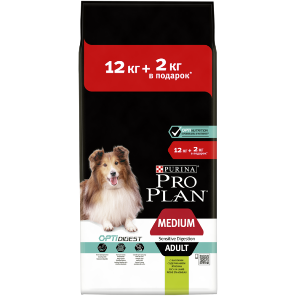 Сухой корм Pro Plan® для взрослых собак средних пород с чувствительным пищеварением, с ягненком, 12 кг + 2 кг в подарок