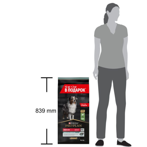 Сухой корм Pro Plan® для взрослых собак средних пород с чувствительным пищеварением, с ягненком, 12 кг + 2 кг в подарок