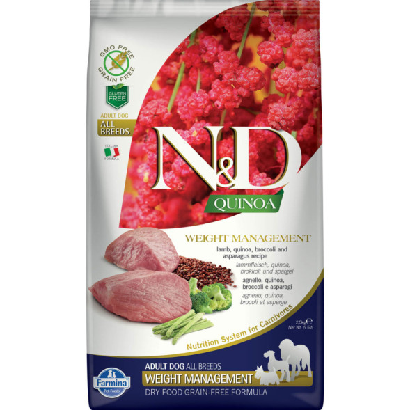 Farmina N&amp;amp;D Quinoa Dog Grain Free Weight Management сухой беззерновой корм для взрослых собак для контроля веса с ягненком и киноа - 2,5 кг