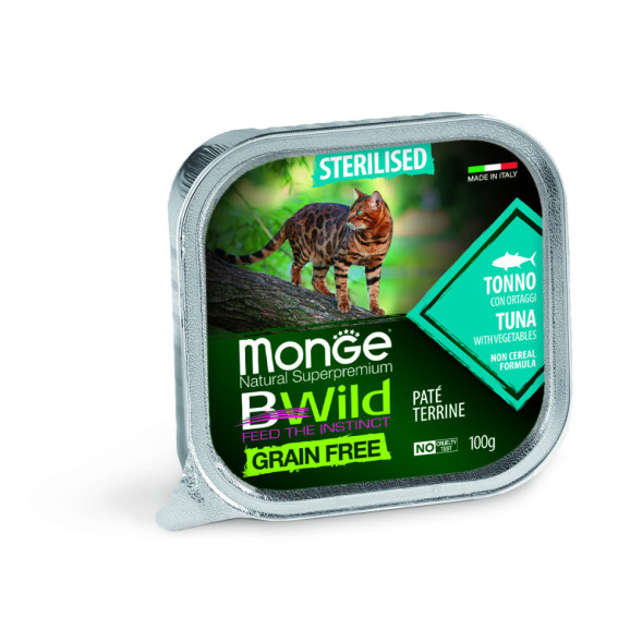 Monge Cat BWild Grain Free влажный беззерновой корм для стерилизованных кошек с тунцом и овощами в ламистерах 100 г (32 шт в уп)