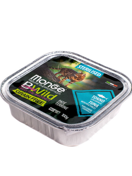 Monge Cat BWild Grain Free влажный беззерновой корм для стерилизованных кошек с тунцом и овощами в ламистерах 100 г (32 шт в уп)