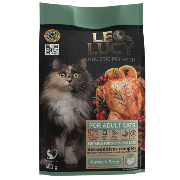 LEO&amp;amp;LUCY cухой холистик корм для взрослых и пожилых стерилизованных кошек с индейкой и ягодами - 400 г