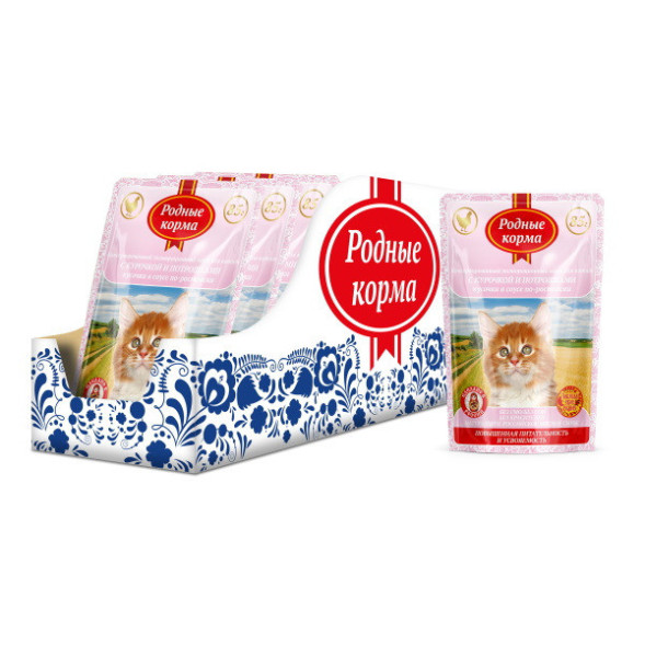 Родные корма полнорационный корм для котят с курочкой и потрошками кусочки в соусе по-ростовски в паучах - 85 г х 32 шт