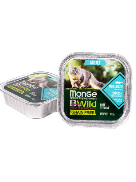 Monge Cat BWild Grain Free влажный беззерновой корм для взрослых кошек с треской и овощами в ламистерах 100 г (32 шт в уп)