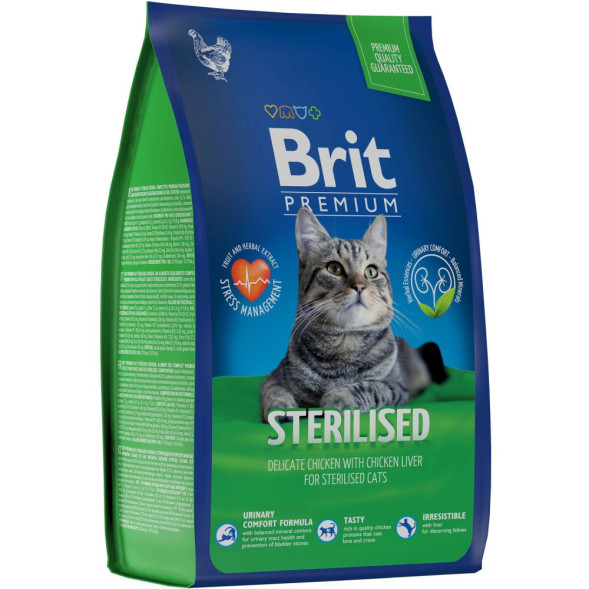 Brit Premium Cat Sterilised сухой корм для взрослых стерилизованных кошек с курицей - 800 г