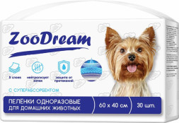 ZOODREAM пеленки впитывающие одноразовые для животных с бумагой тиссью и с суперабсорбентом, 60х40 см, 30 шт