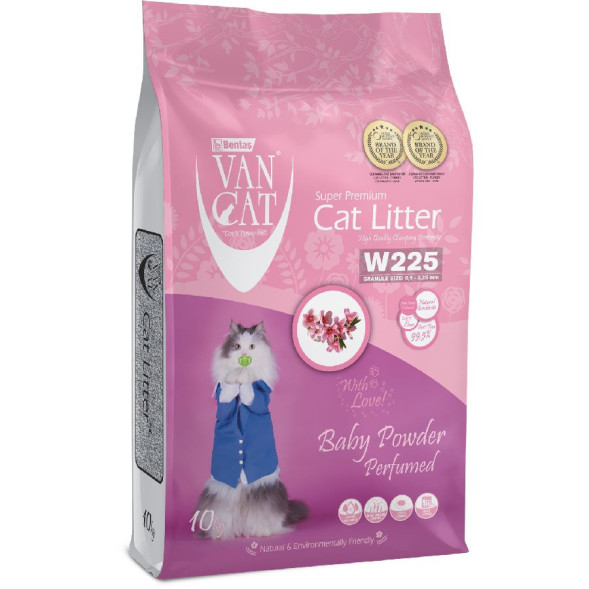 Van Cat W225 комкующийся наполнитель для кошек, без пыли, с ароматом детской присыпки - 10 кг