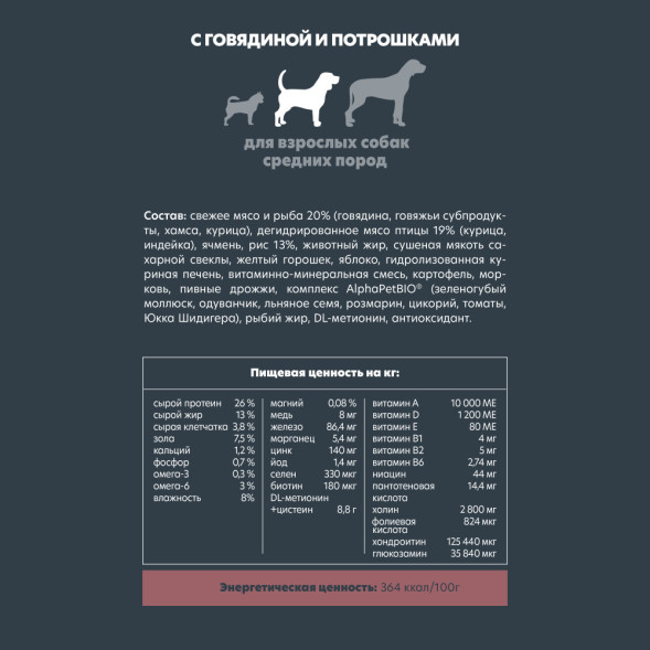 AlphaPet Superpremium сухой полнорационный корм для взрослых собак средних пород с говядиной и потрошками - 2 кг