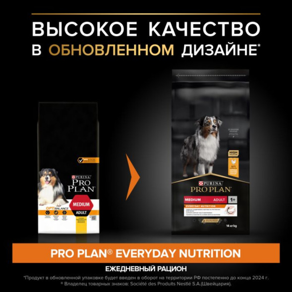 Сухой корм PRO PLAN® для взрослых собак средних пород, с высоким содержанием курицы 14 кг
