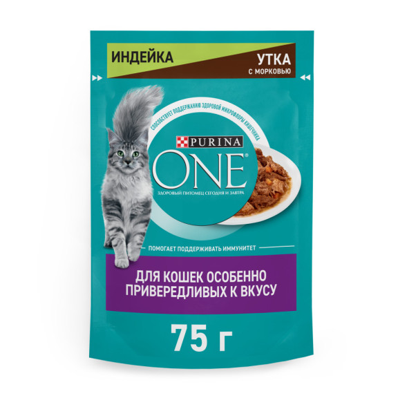 Purina ONE влажный корм для взрослых кошек, особенно привередливых ко вкусу, с индейкой, уткой и морковью, в паучах - 75 г х 26 шт