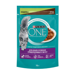 Purina ONE влажный корм для взрослых кошек, особенно привередливых ко вкусу, с индейкой, уткой и морковью, в паучах - 75 г х 26 шт