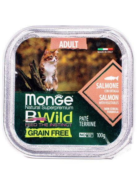 Monge Cat BWild Grain Free влажный беззерновой корм для взрослых кошек с лососем и овощами в ламистерах 100 г (32 шт в уп)