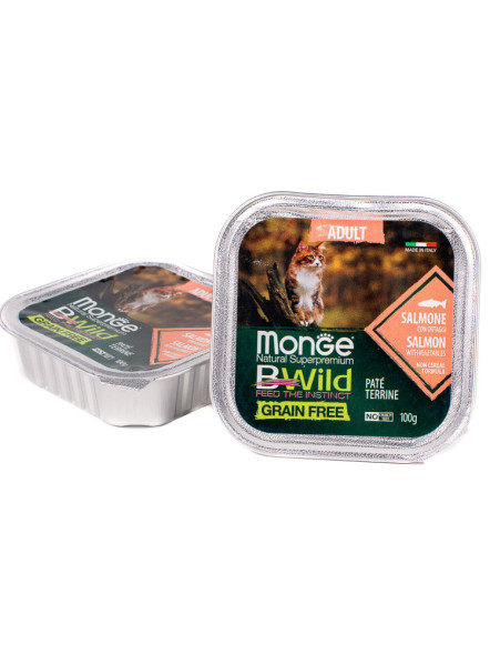Monge Cat BWild Grain Free влажный беззерновой корм для взрослых кошек с лососем и овощами в ламистерах 100 г (32 шт в уп)