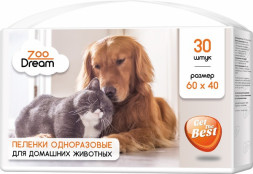 ZOODREAM пеленки впитывающие одноразовые для домашних животных с бумагой тиссью и с суперабсорбентом, 60х40 см, 30 шт