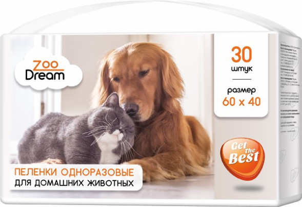 ZOODREAM пеленки впитывающие одноразовые для домашних животных с бумагой тиссью и с суперабсорбентом, 60х40 см, 30 шт