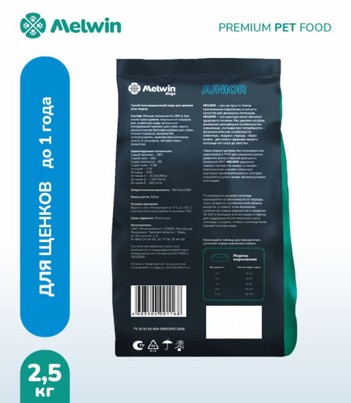 Melwin сухой корм для щенков до 1 года с курицей - 2,5 кг