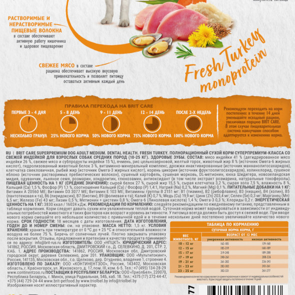 Brit Care Dog Adult M Dental Health сухой корм для взрослых собак средних пород для здоровья полости рта, с индейкой - 1,5 кг