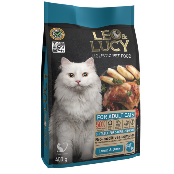 LEO&amp;amp;LUCY сухой холистик корм для взрослых стерилизованных кошек с ягненком и уткой - 400 г