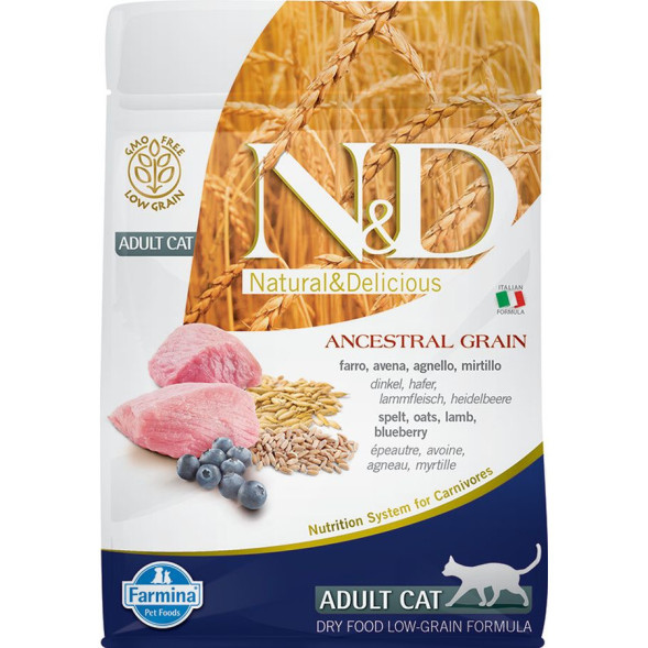 Farmina N&amp;amp;D Ancestral Grain Cat Lamb, Spelt, Oats And Blueberry Adult сухой низкозерновой корм для взрослых кошек с ягненком и черникой - 300 г