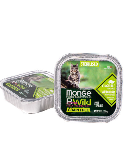 Monge Cat BWild Grain Free влажный беззерновой корм для стерилизованных кошек с мясом кабана и овощами в ламистерах 100 г (32 шт в уп)