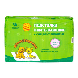 Доброзверики Сухие лапки подстилки впитывающие для животных с суперабсорбентом 60х90 см, 30 шт