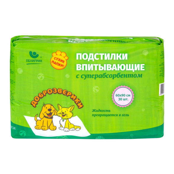 Доброзверики Сухие лапки подстилки впитывающие для животных с суперабсорбентом 60х90 см, 30 шт