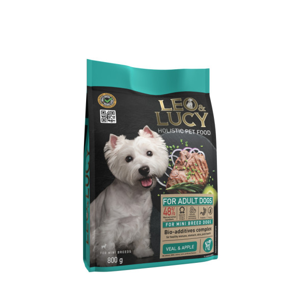 LEO&amp;amp;LUCY сухой холистик корм для взрослых собак мелких пород с телятиной и яблоком - 800 г