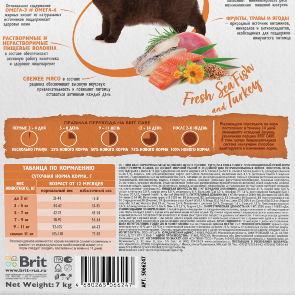 Brit Care Cat Sterilised Weight Control сухой корм для стерилизованных кошек для контроля веса, с морской рыбой и индейкой - 7 кг