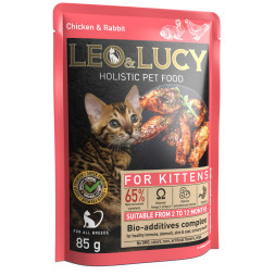 LEO&amp;amp;LUCY влажный холистик корм для стерилизованных котят с кроликом и курицей, кусочки в соусе, в паучах - 85 г х 32 шт