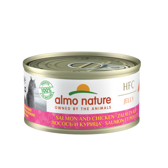 Almo Nature HFC Jelly Adult Cat Salmon&amp;amp;Chicken консервированный корм с цельными кусочками лосося и курицы в бульоне для взрослых кошек - 70 гр. х 24 шт.