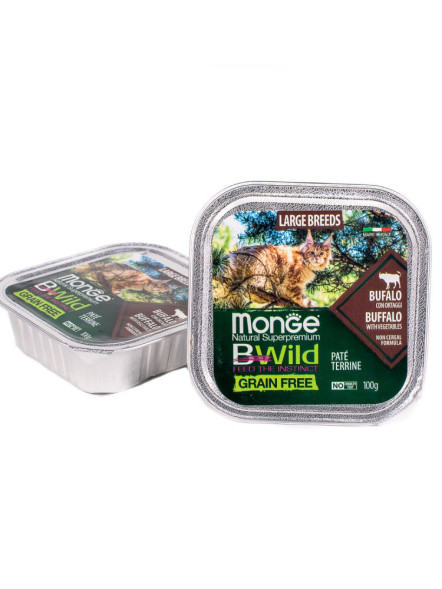 Monge Cat BWild Grain Free влажный беззерновой корм для взрослых кошек с мясом буйвола и овощами в ламистерах 100 г (32 шт в уп)