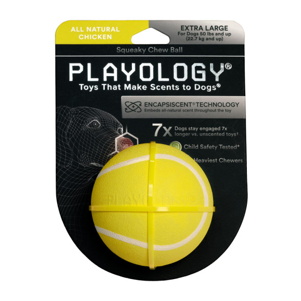 Playology SQUEAKY CHEW BALL хрустящий жевательный мяч для собак с пищалкой и с ароматом курицы, 8 см, желтый