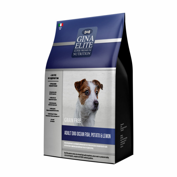 Gina Elite GF Dog Ocean Fish, Potato&amp;amp;Lemon сухой беззерновой корм для взрослых собак средних пород с океанической рыбой, картофелем и лимоном - 8 кг