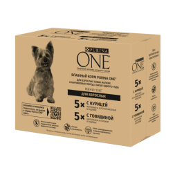 Влажный корм Purina ONE® Мини Взрослая набор для собак мелких пород с курицей, морковью и зеленой фасолью в подливе 5 x 85 г, с говядиной, картофелем и горохом в подливе 5 x 85 г
