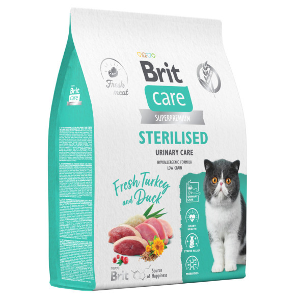 Brit Care Cat Sterilised Urinary Care сухой корм для стерилизованных кошек для профилактики МКБ, с индейкой и уткой - 7 кг