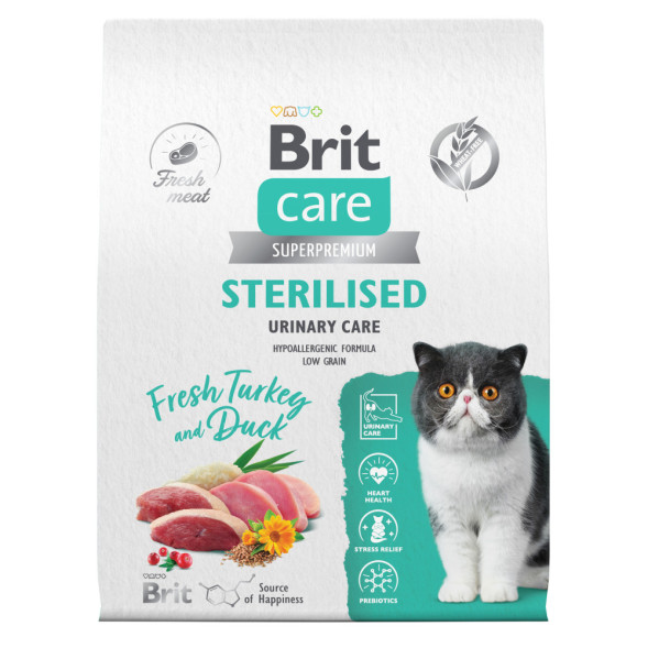 Brit Care Cat Sterilised Urinary Care сухой корм для стерилизованных кошек для профилактики МКБ, с индейкой и уткой - 7 кг